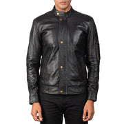 Men's Tea House 블랙 가죽 라이더 자켓 남성용 - Lateral Side Profile View Showing Sleeve Cut &amp; Athletic Taper Fit