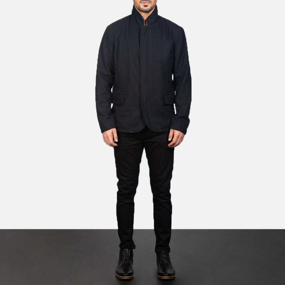 Men's Thomas 블랙 Wool 가죽 자켓 남성용 - Lateral Side Profile View Showing Sleeve Cut &amp; Athletic Taper Fit