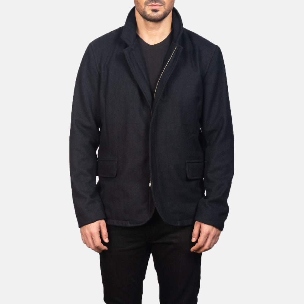 Close-Up Detail of Nehru &amp; Zipper with Dual Puller Hardware on Men's Thomas 블랙 Wool 가죽 자켓 남성용