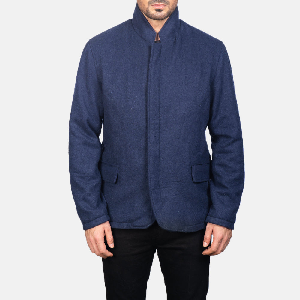 
클로즈업 상세 of Nehru & Zipper with Dual Puller Hardware on Thomas 블루 Wool 가죽 자켓 남성용
