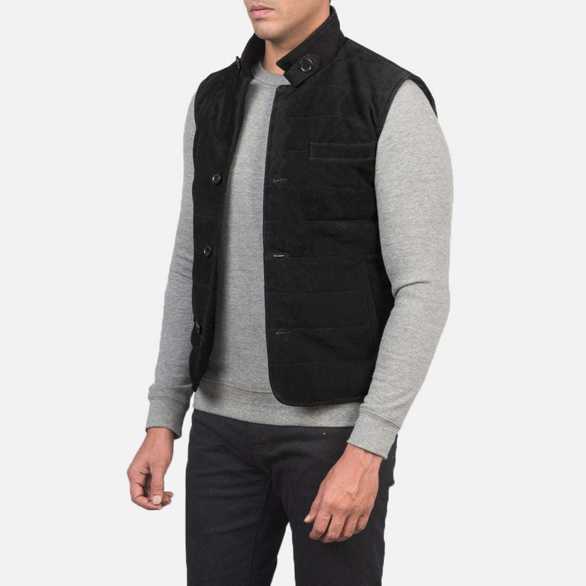 
Black Goatskin Suede Leather Vest - 어깨 라인과 깔끔한 밑단이 돋보이는 뒷면 뷰