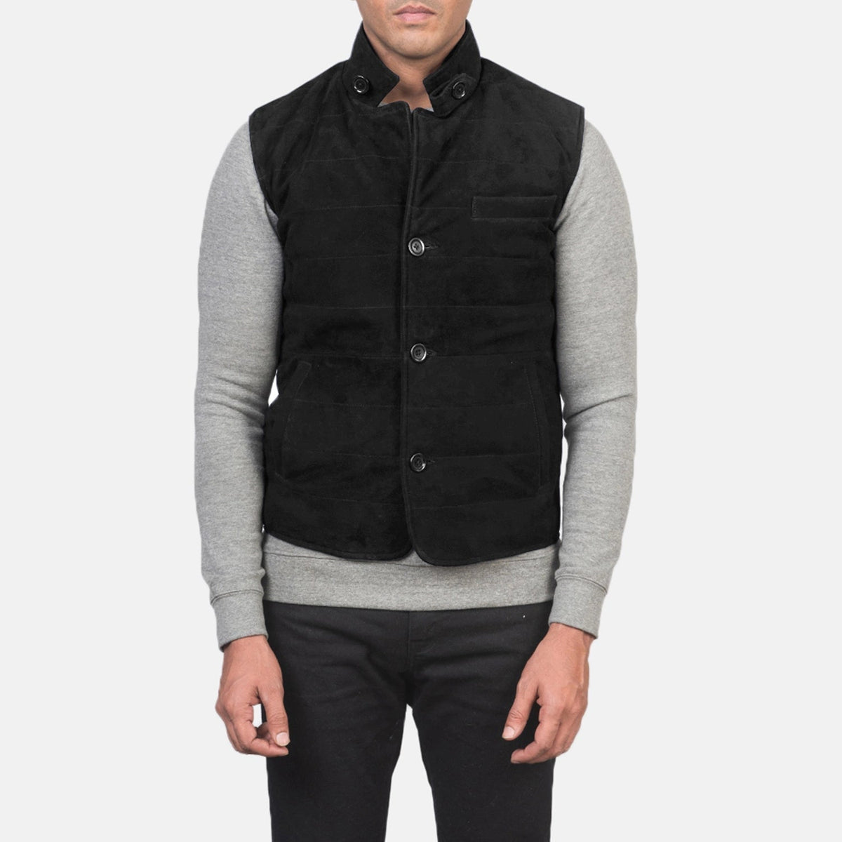 
클로즈업 상세 of Notch with removable throat latch & Button Hardware on Tony 블랙 Suede Vest 남성용