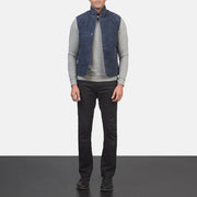 Men's Tony Blue Suede Vest 남성용 - Lateral Side Profile View Showing Sleeve Cut &amp; Athletic Taper Fit
