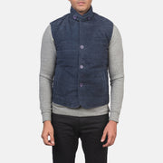 Close-Up Detail of Notch with removable throat latch &amp; Button Hardware on Men's Tony Blue Suede Vest 남성용