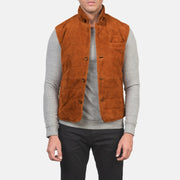 Men's Tony 브라운 Suede Vest 남성용 in Brown Goatskin Suede - Front Profile View &amp; Tailored Silhouette | Buy Online