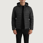 Tyler 블랙 Hooded Puffer 가죽 자켓 남성용 in Black Full-Grain Leather - Front Profile View &amp; Tailored Silhouette | Buy Online