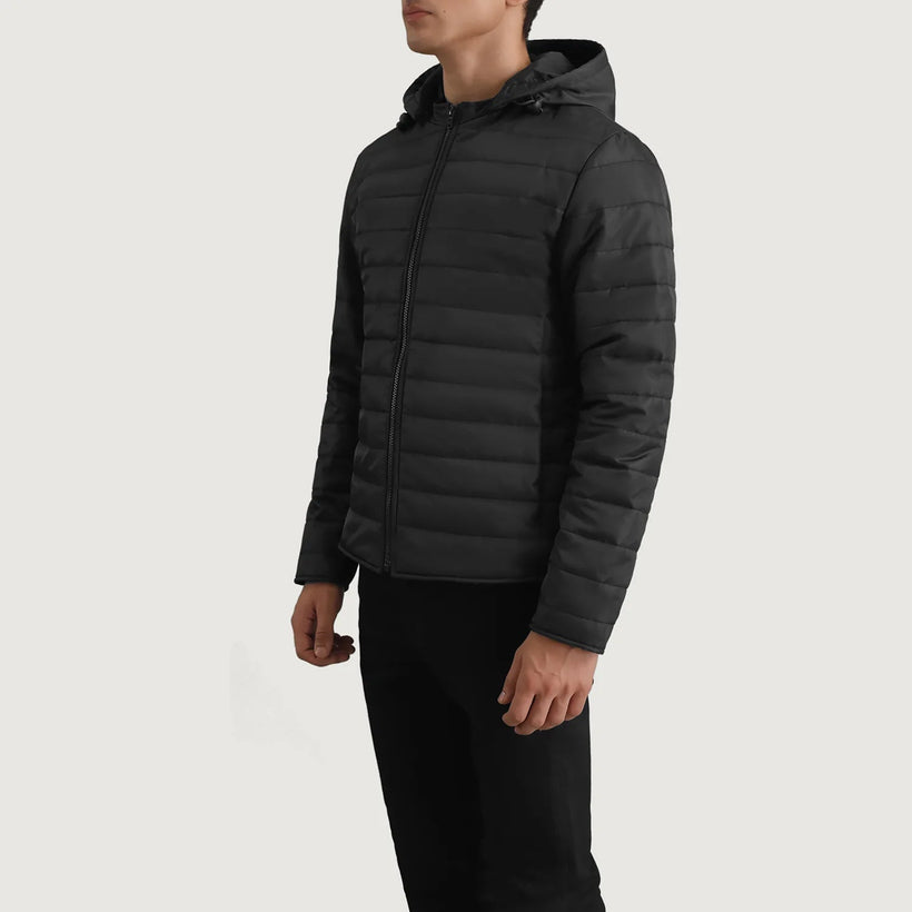 Tyler 블랙 Hooded Puffer 가죽 자켓 남성용