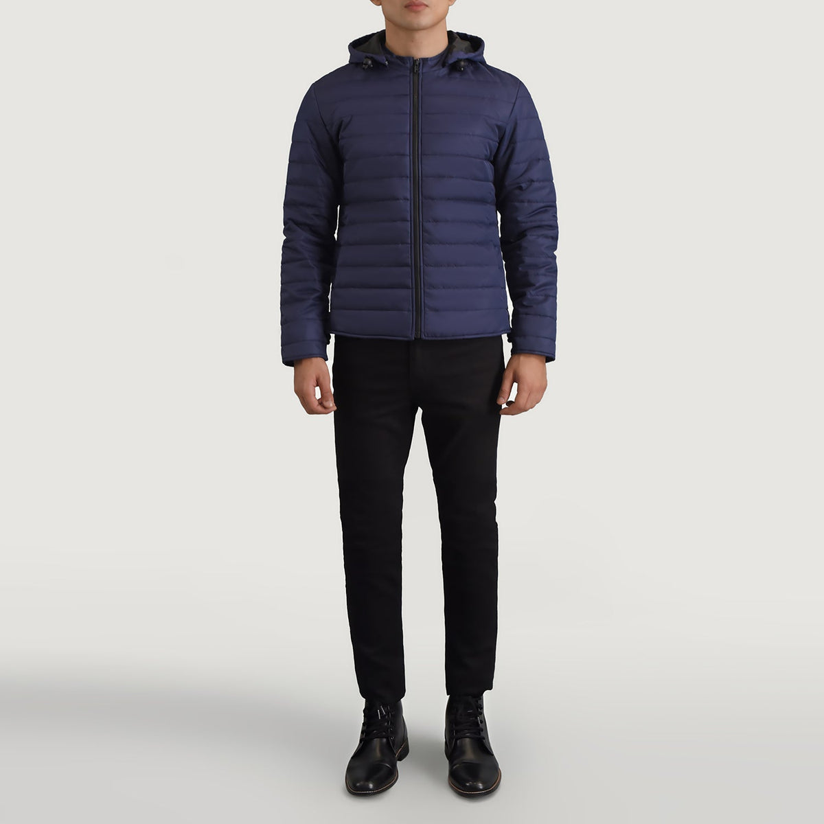 Tyler Blue Hooded Puffer 가죽 자켓 남성용 - Lateral Side Profile View Showing Sleeve Cut &amp; Athletic Taper Fit