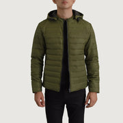 Tyler Green Hooded Puffer 가죽 자켓 남성용 in Green Full-Grain Leather - Front Profile View &amp; Tailored Silhouette | Buy Online