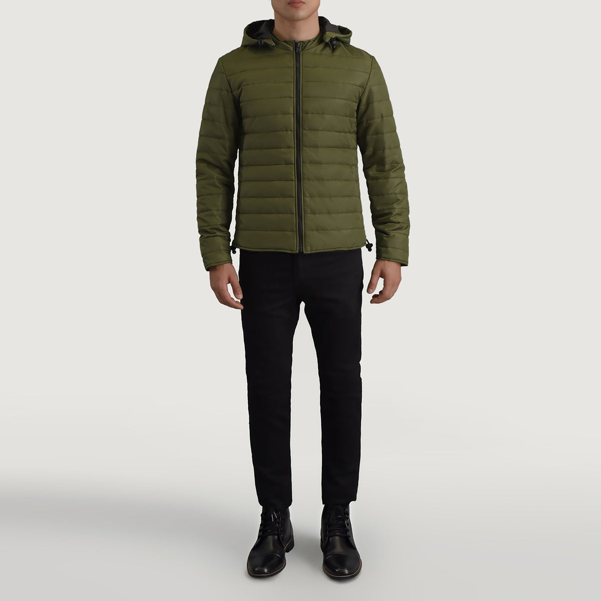 Tyler Green Hooded Puffer 가죽 자켓 남성용 - Lateral Side Profile View Showing Sleeve Cut &amp; Athletic Taper Fit