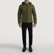 Tyler Green Hooded Puffer 가죽 자켓 남성용 - Lateral Side Profile View Showing Sleeve Cut &amp; Athletic Taper Fit