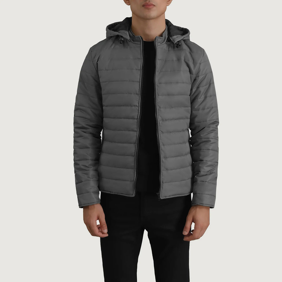Tyler Grey Hooded Puffer 가죽 자켓 남성용 in Grey Full-Grain Leather - Front Profile View &amp; Tailored Silhouette | Buy Online