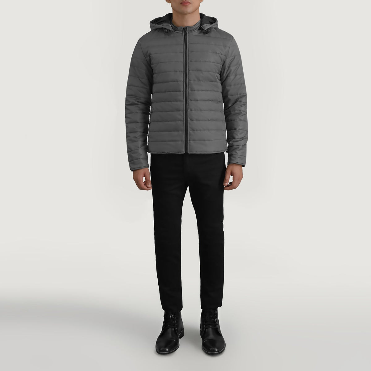 Tyler Grey Hooded Puffer 가죽 자켓 남성용 - Lateral Side Profile View Showing Sleeve Cut &amp; Athletic Taper Fit
