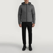 Tyler Grey Hooded Puffer 가죽 자켓 남성용 - Lateral Side Profile View Showing Sleeve Cut &amp; Athletic Taper Fit