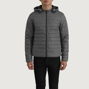 Close-Up Detail of Classic Collar &amp; Zipper Hardware on Tyler Grey Hooded Puffer 가죽 자켓 남성용