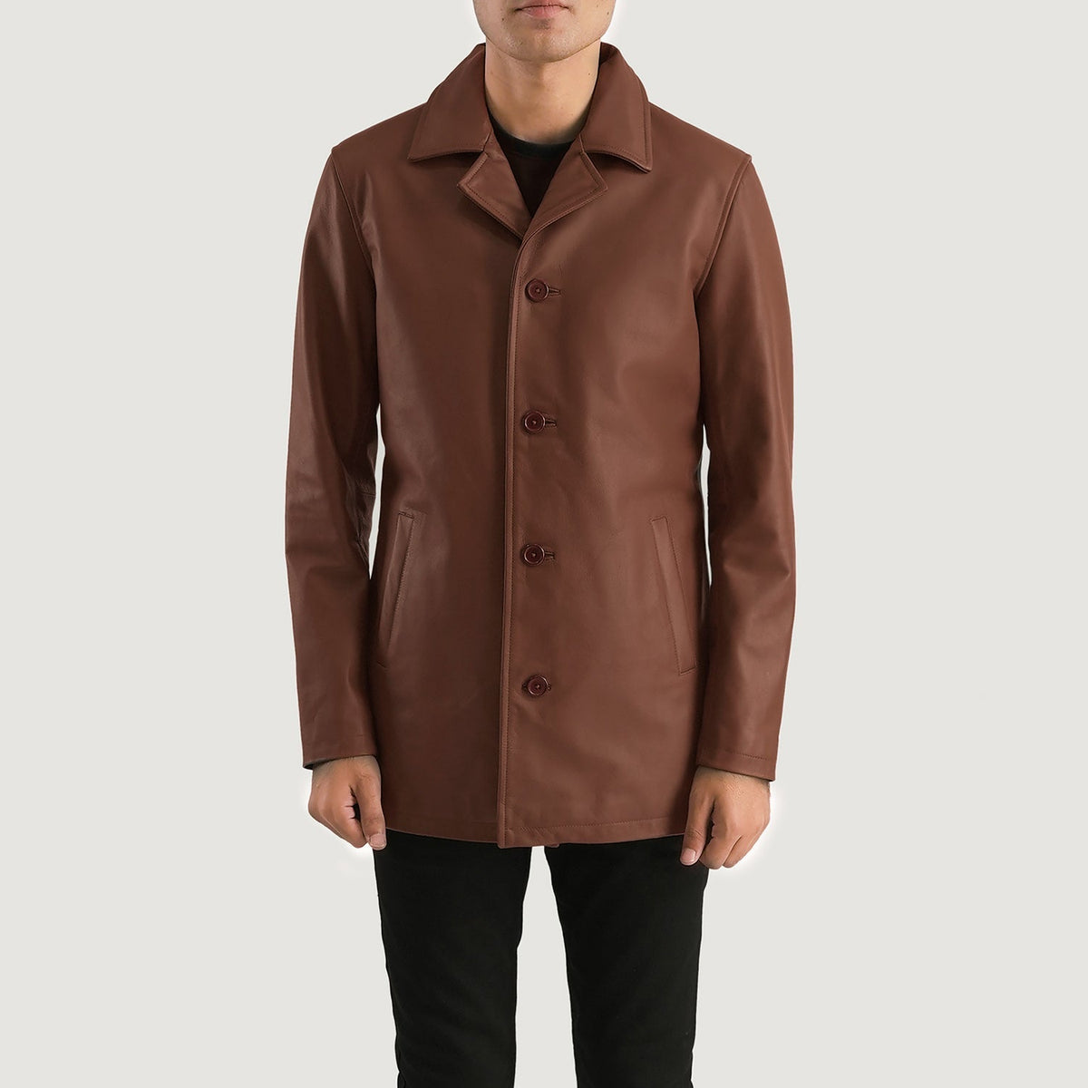
Urban Slate 브라운 가죽 코트 남성용 in Brown Cowhide Leather - 정면 스타일 및 테일러드 실루엣 | 공식 온라인 스토어 구매