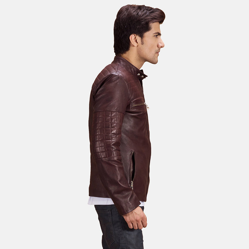 Urbane Quilted Maroon 가죽 라이더 자켓 남성용