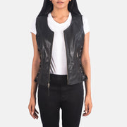 Women's Vanda 블랙 Leather Biker Vest 여성용 in Black Goatskin Leather - Front Profile View &amp; Tailored Silhouette | Buy Online