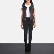 Women's Vanda 블랙 Leather Biker Vest 여성용 - Lateral Side Profile View Showing Sleeve Cut &amp; Athletic Taper Fit
