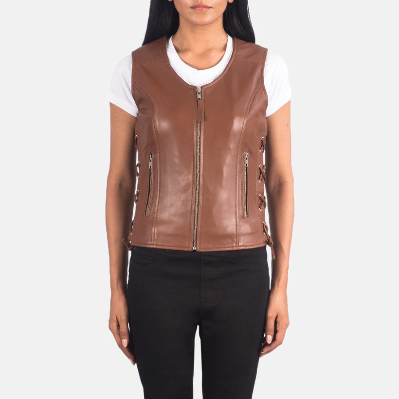 Vanda 브라운 Leather Biker Vest 여성용