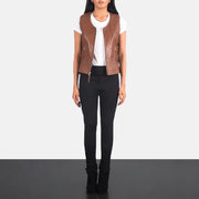 Women's Vanda 브라운 Leather Biker Vest 여성용 - Lateral Side Profile View Showing Sleeve Cut &amp; Athletic Taper Fit