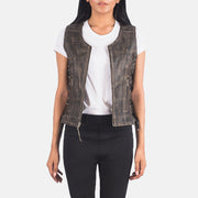 
Vanda Distressed 브라운 Leather Biker Vest 여성용 in Distressed Brown Goatskin Leather - 정면 스타일 및 테일러드 실루엣 | 공식 온라인 스토어 구매