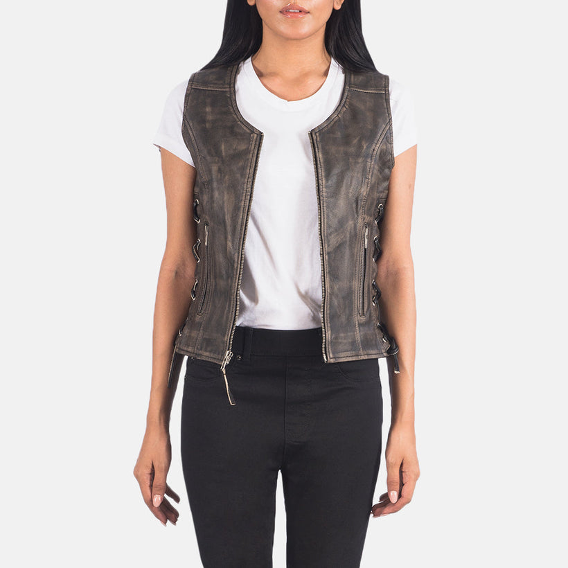Vanda Distressed 브라운 Leather Biker Vest 여성용