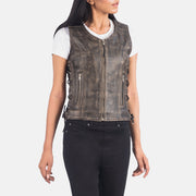 
Distressed Brown Goatskin Leather Biker Jacket - 어깨 라인과 깔끔한 밑단이 돋보이는 뒷면 뷰