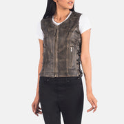 
클로즈업 상세 of V-neck & Zipper Hardware on Vanda Distressed 브라운 Leather Biker Vest 여성용