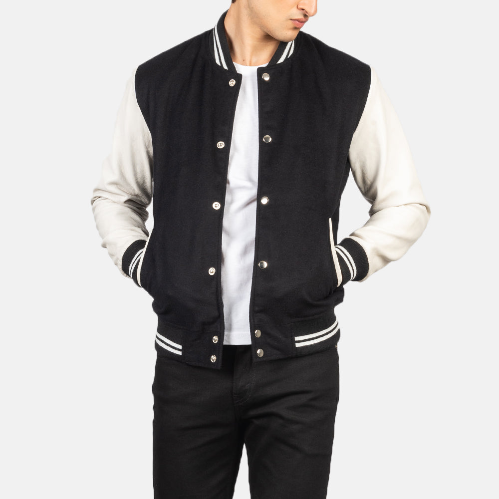 Men's Vaxton 블랙 &amp; White Hybrid Varsity 가죽 자켓 남성용 in Black &amp; White Sheepskin Leather - Front Profile View &amp; Tailored Silhouette | Buy Online