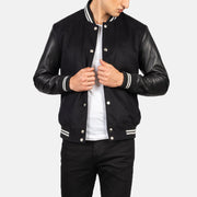 Men's Vaxton 블랙 Striped Hybrid Varsity 가죽 자켓 남성용 in Black Sheepskin Leather - Front Profile View &amp; Tailored Silhouette | Buy Online