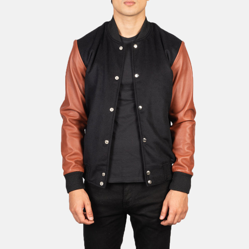 Vaxton 브라운 & 블랙 Hybrid Varsity 가죽 자켓 남성용