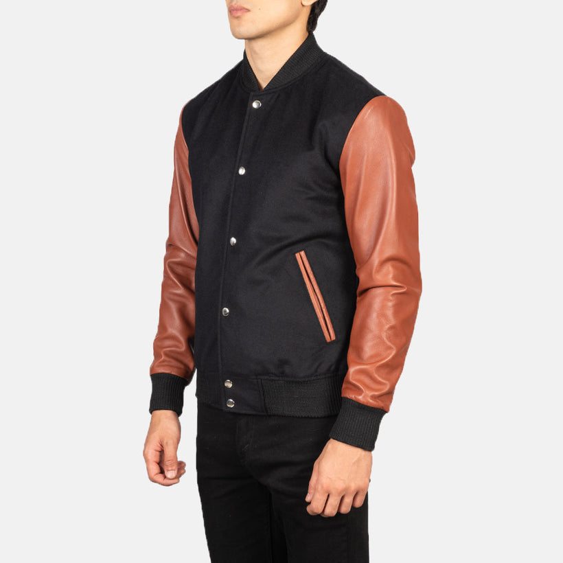 Vaxton 브라운 & 블랙 Hybrid Varsity 가죽 자켓 남성용