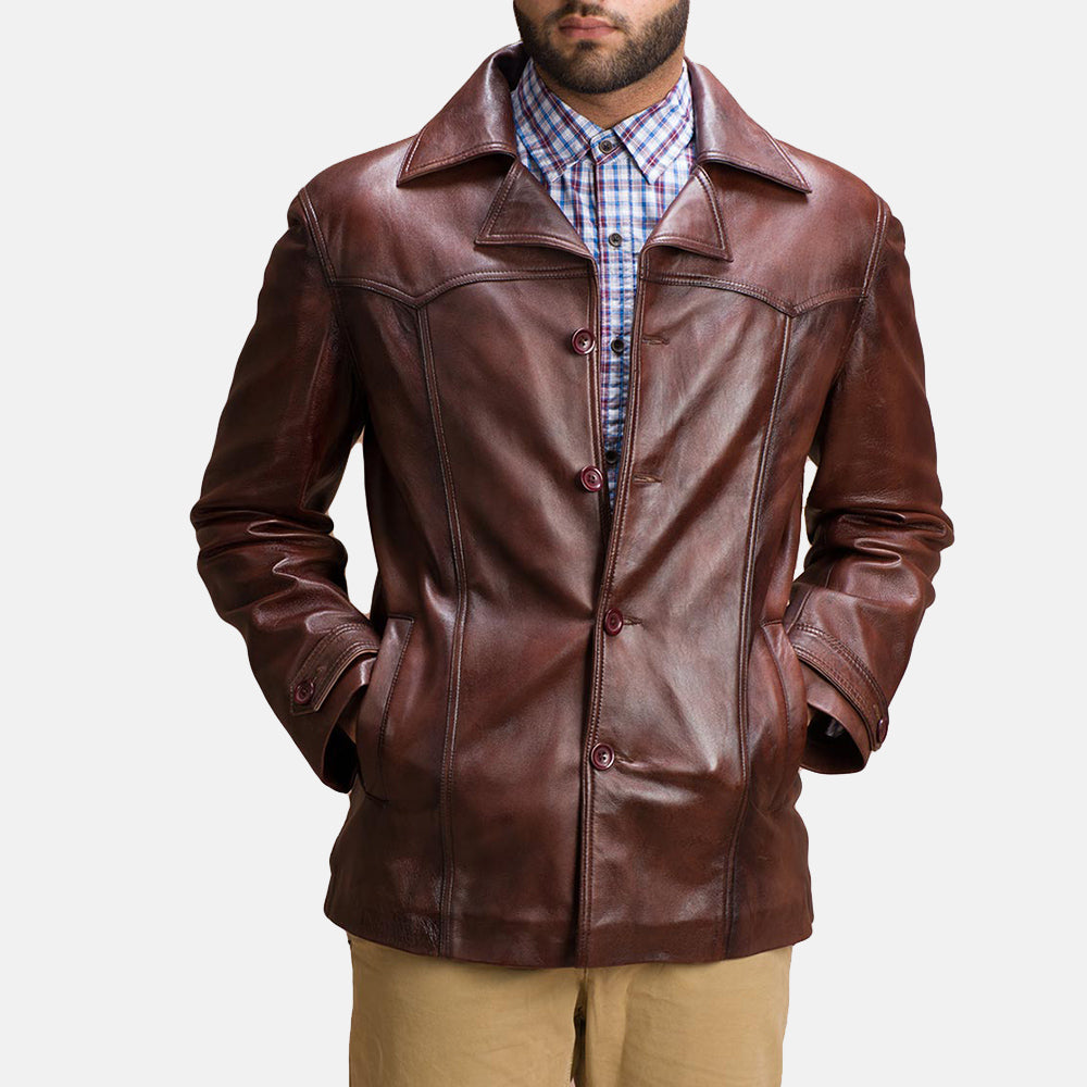 
Brown Sheepskin leather Coat - 어깨 라인과 깔끔한 밑단이 돋보이는 뒷면 뷰