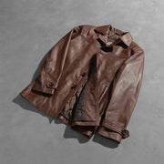 
Open Hem & Hem Craftsmanship Construction Detail on Vincent Alley 브라운 가죽 자켓 남성용