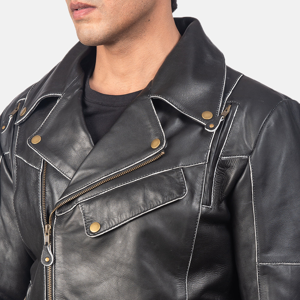 Close-Up Detail of Notch &amp; Zipper Hardware on Men's Vincent Black Leather Biker Jacket