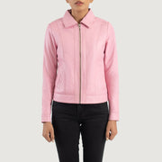 
셔츠 칼라 및 프리미엄 지퍼 하드웨어 클로즈업 상세 Vixen Pink Classic Collar Leather Jacket