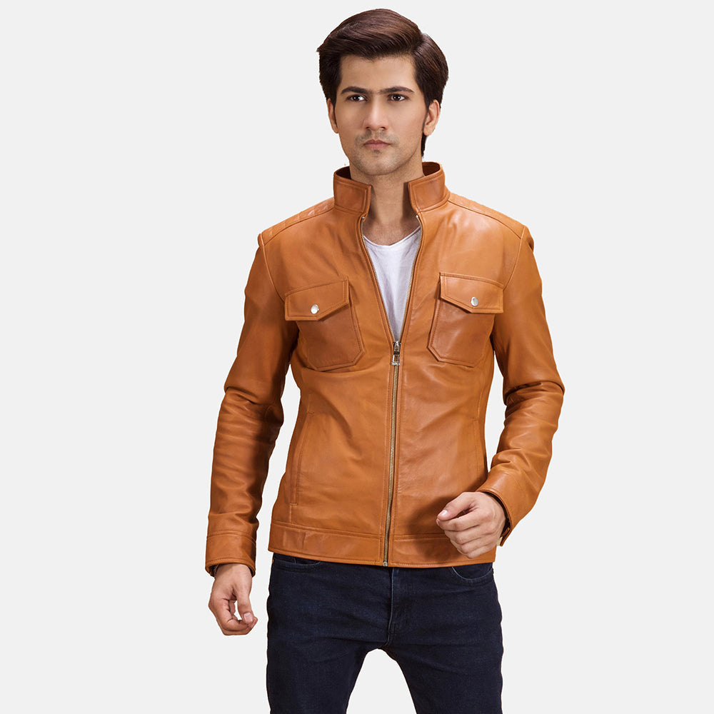 Voltex 탠 가죽 라이더 자켓 남성용 in Tan Brown Sheepskin Leather - Front Profile View &amp; Tailored Silhouette | Buy Online
