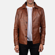 Waffle 브라운 가죽 자켓 남성용 in Distressed Brown Sheepskin Burnishing - Front Profile View &amp; Tailored Silhouette | Buy Online