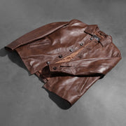 Buttoned &amp; Hem Craftsmanship Construction Detail on Waffle 브라운 가죽 자켓 남성용