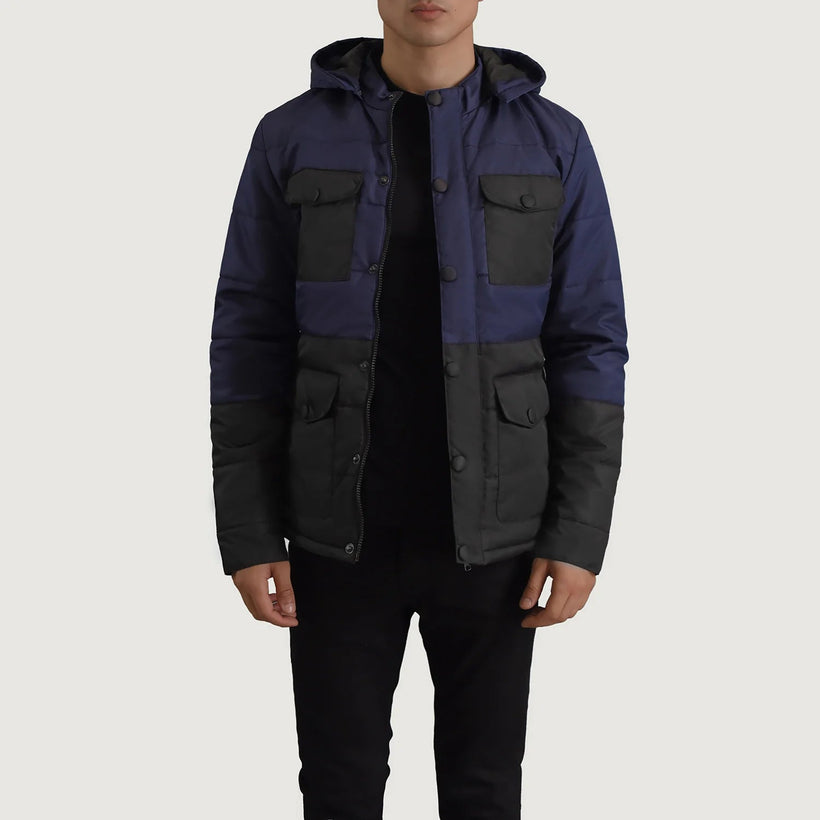 Wayne 블랙 & 블루 Hooded Puffer 가죽 자켓 남성용
