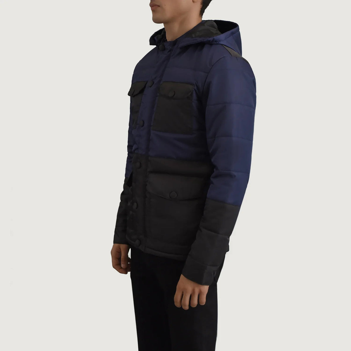 
Black + Blue Full-Grain Leather Hooded Jacket - 어깨 라인과 깔끔한 밑단이 돋보이는 뒷면 뷰