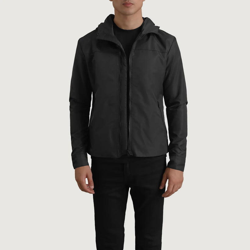 Wesley 블랙 Hooded Windbreaker 가죽 자켓 남성용