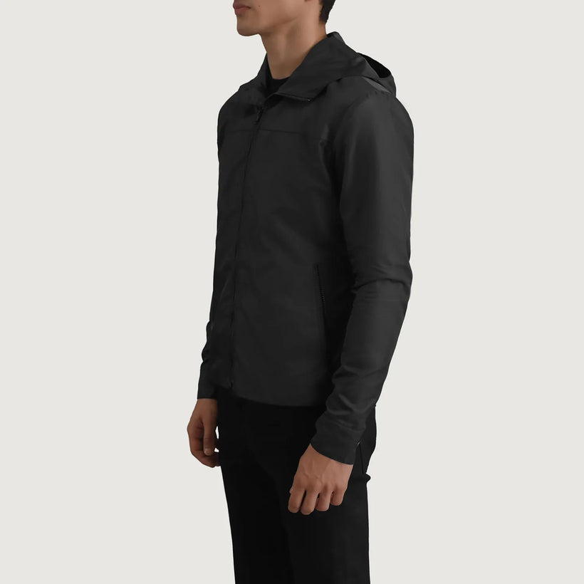 Wesley 블랙 Hooded Windbreaker 가죽 자켓 남성용