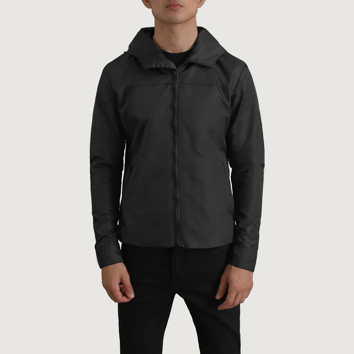 
클로즈업 상세 of Classic Collar & Zipper With Inside Wind Flap. Hardware on Wesley 블랙 Hooded Windbreaker 가죽 자켓 남성용