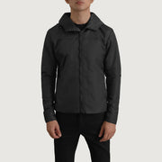 
클로즈업 상세 of Classic Collar & Zipper With Inside Wind Flap. Hardware on Wesley 블랙 Hooded Windbreaker 가죽 자켓 남성용