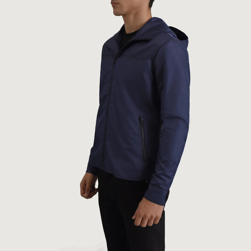 Wesley 블루 Hooded Windbreaker 가죽 자켓 남성용