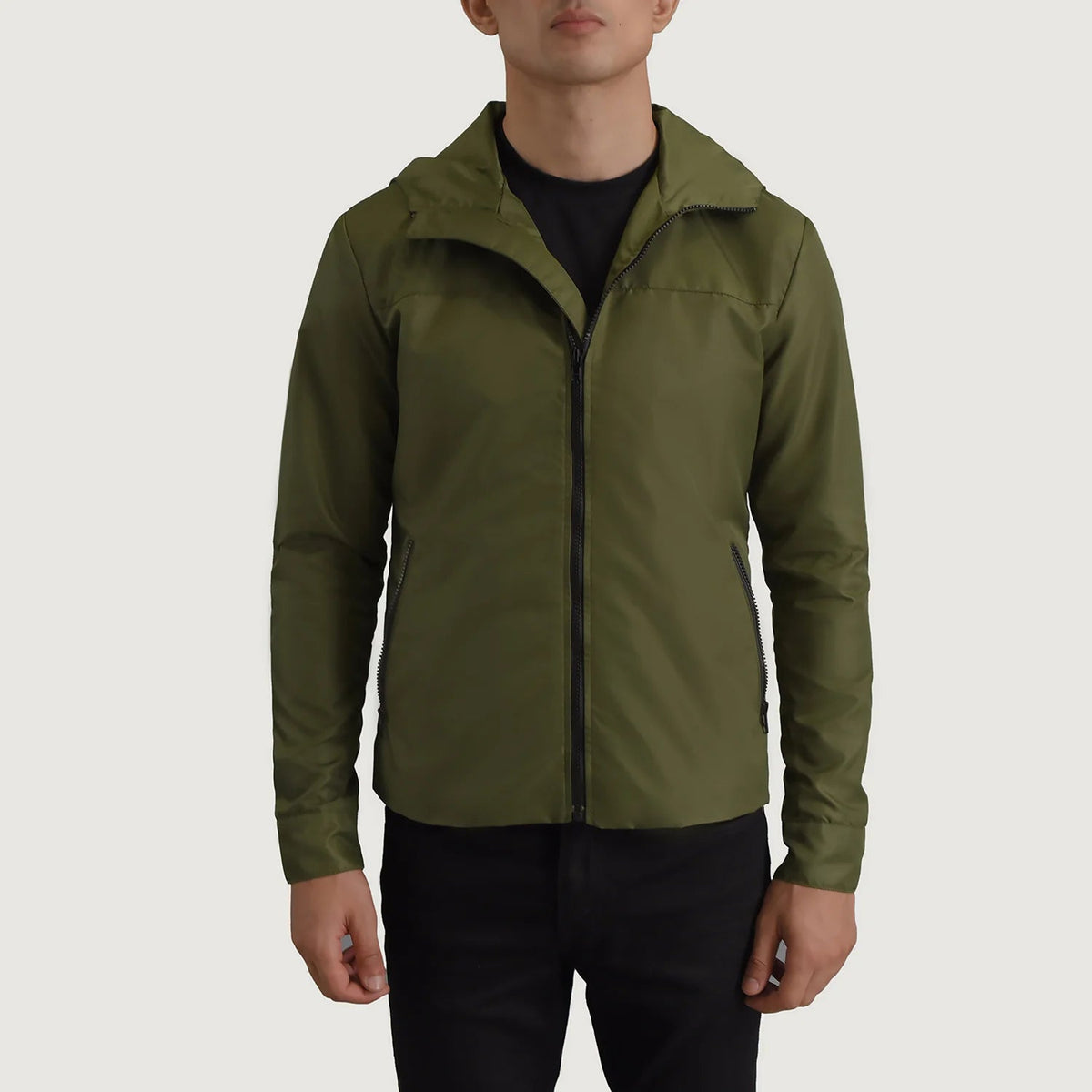 
클로즈업 상세 of Classic Collar & Zipper With Inside Wind Flap. Hardware on Wesley 그린 Hooded Windbreaker 가죽 자켓 남성용