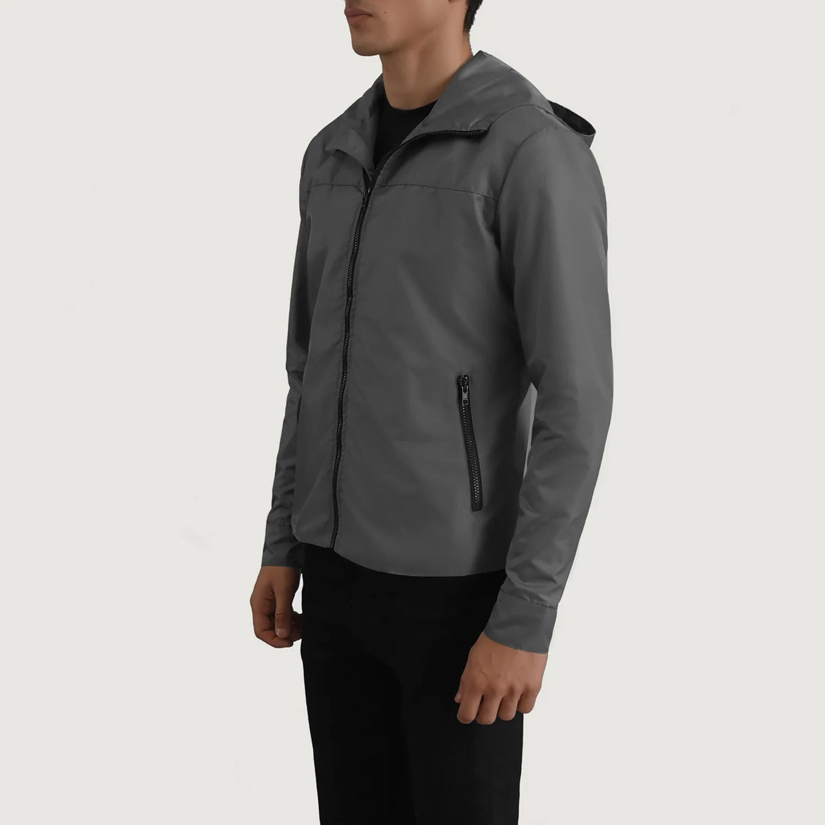 
Grey Full-Grain Leather Hooded Jacket - 어깨 라인과 깔끔한 밑단이 돋보이는 뒷면 뷰