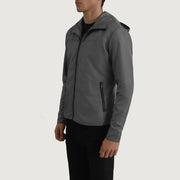 
Grey Full-Grain Leather Hooded Jacket - 어깨 라인과 깔끔한 밑단이 돋보이는 뒷면 뷰